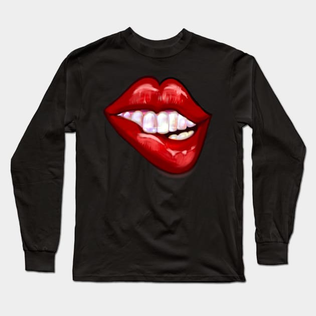 Love Lipstick kisses Kiss Smiling red lips white teeth biting shiny lower lip Valentines day Long Sleeve T-Shirt by Artonmytee